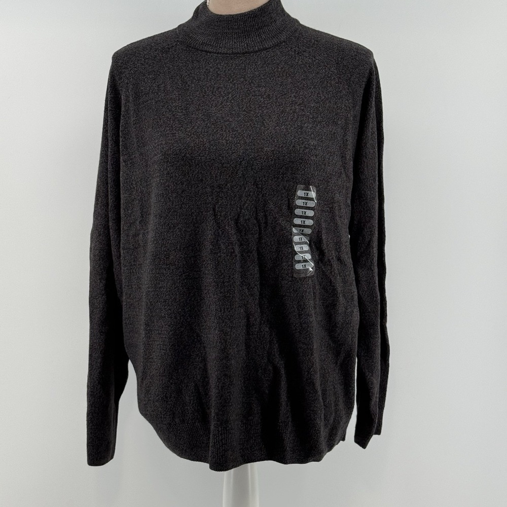 Studio Works Women's 1X Charcoal Mock Neck Sweater Long Sleeve Zip Back Soft NWT